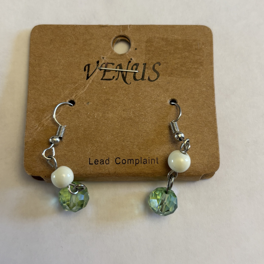 Venus White Bead & Faceted Light Green Crystal Dangle Earrings NWT